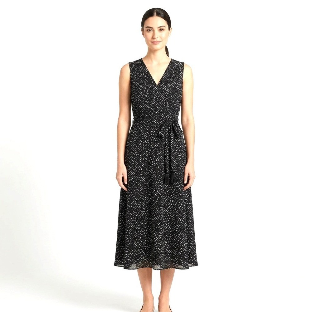 Vintage Talbots Pure Silk Wrap Dress Sz 10 Black Dot Midi Sleeveless Chiffon